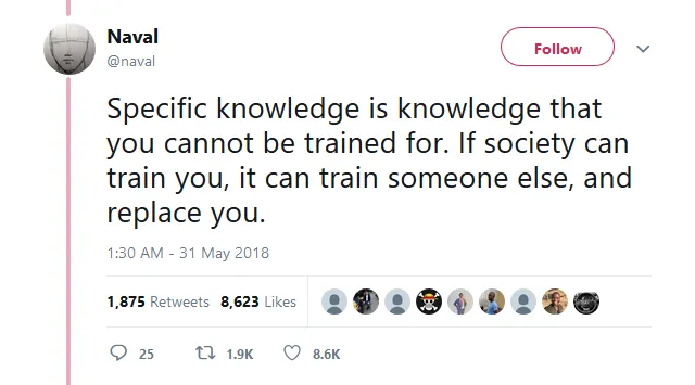 Naval Follow @naval Specific knowledge is knowledge that you cannot be trained for. If society can train you, it can train someone else, and replace you. 1:30 AM - 31 May 2018 1,875 Retweets 8,623 Likes 0 25 1.9K C) 8.6K
